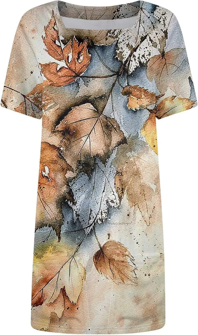 Short Dress for Women Summer Elegant Dresses Square Neck Short Sleeve Loose Fit T-Shirt Dress with Pockets