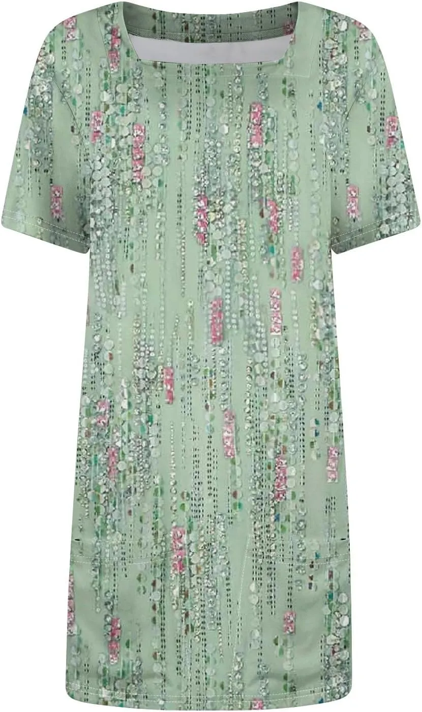 Short Dress for Women Summer Elegant Dresses Square Neck Short Sleeve Loose Fit T-Shirt Dress with Pockets