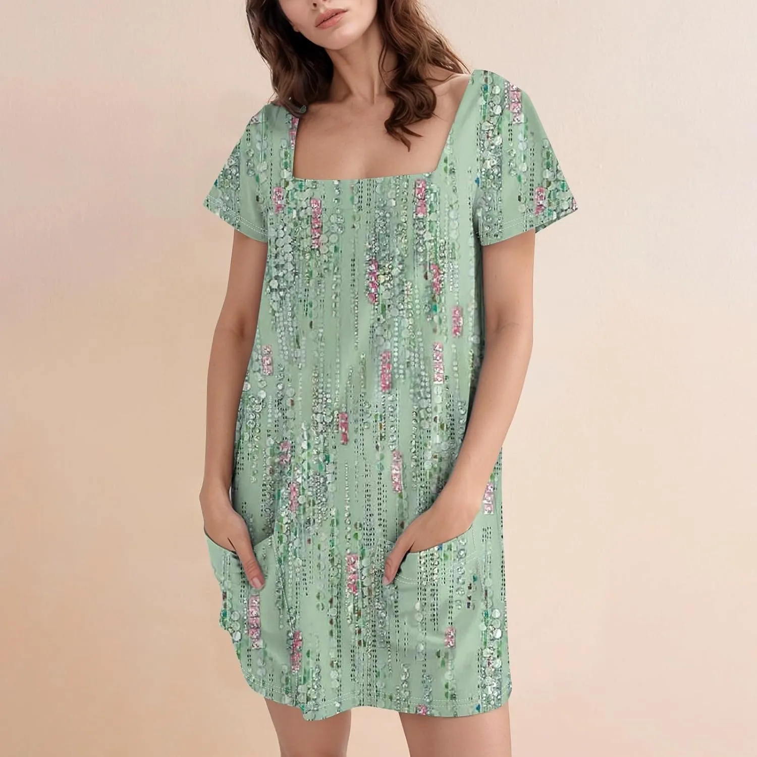 Short Dress for Women Summer Elegant Dresses Square Neck Short Sleeve Loose Fit T-Shirt Dress with Pockets