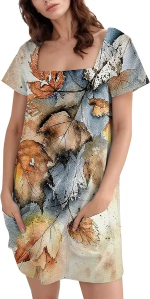 Short Dress for Women Summer Elegant Dresses Square Neck Short Sleeve Loose Fit T-Shirt Dress with Pockets