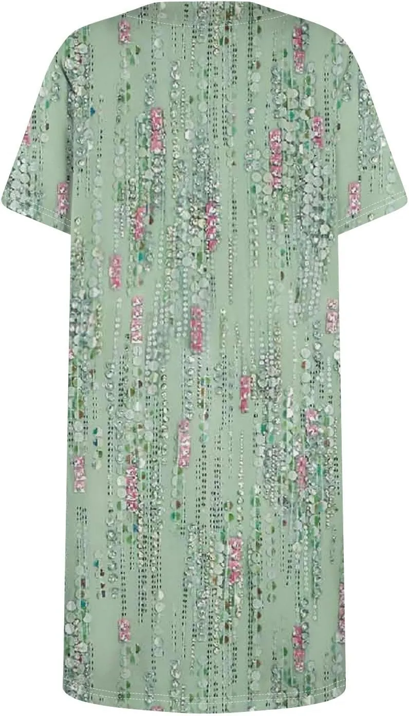 Short Dress for Women Summer Elegant Dresses Square Neck Short Sleeve Loose Fit T-Shirt Dress with Pockets