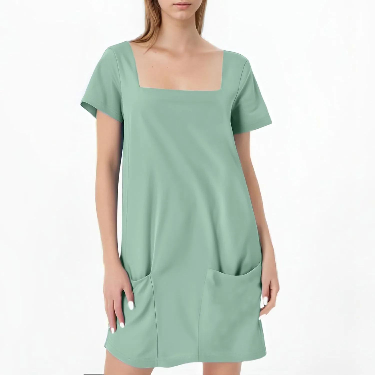 Short Lounge Dresses for Women Summer Solid Square Neck Short Sleeve Mini Beach Dress Plus Size Spring Break Clothes