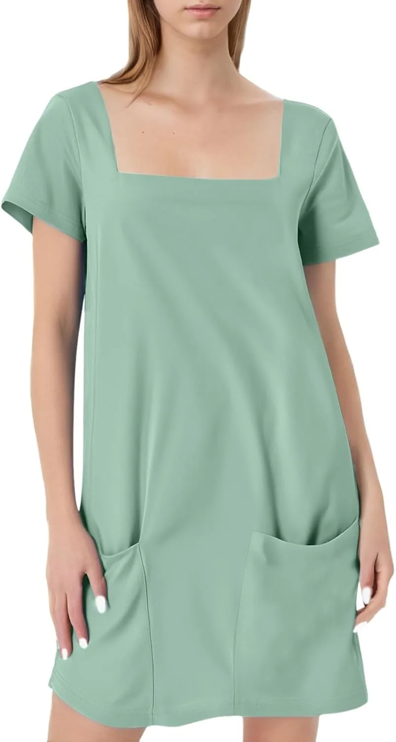 Short Lounge Dresses for Women Summer Solid Square Neck Short Sleeve Mini Beach Dress Plus Size Spring Break Clothes