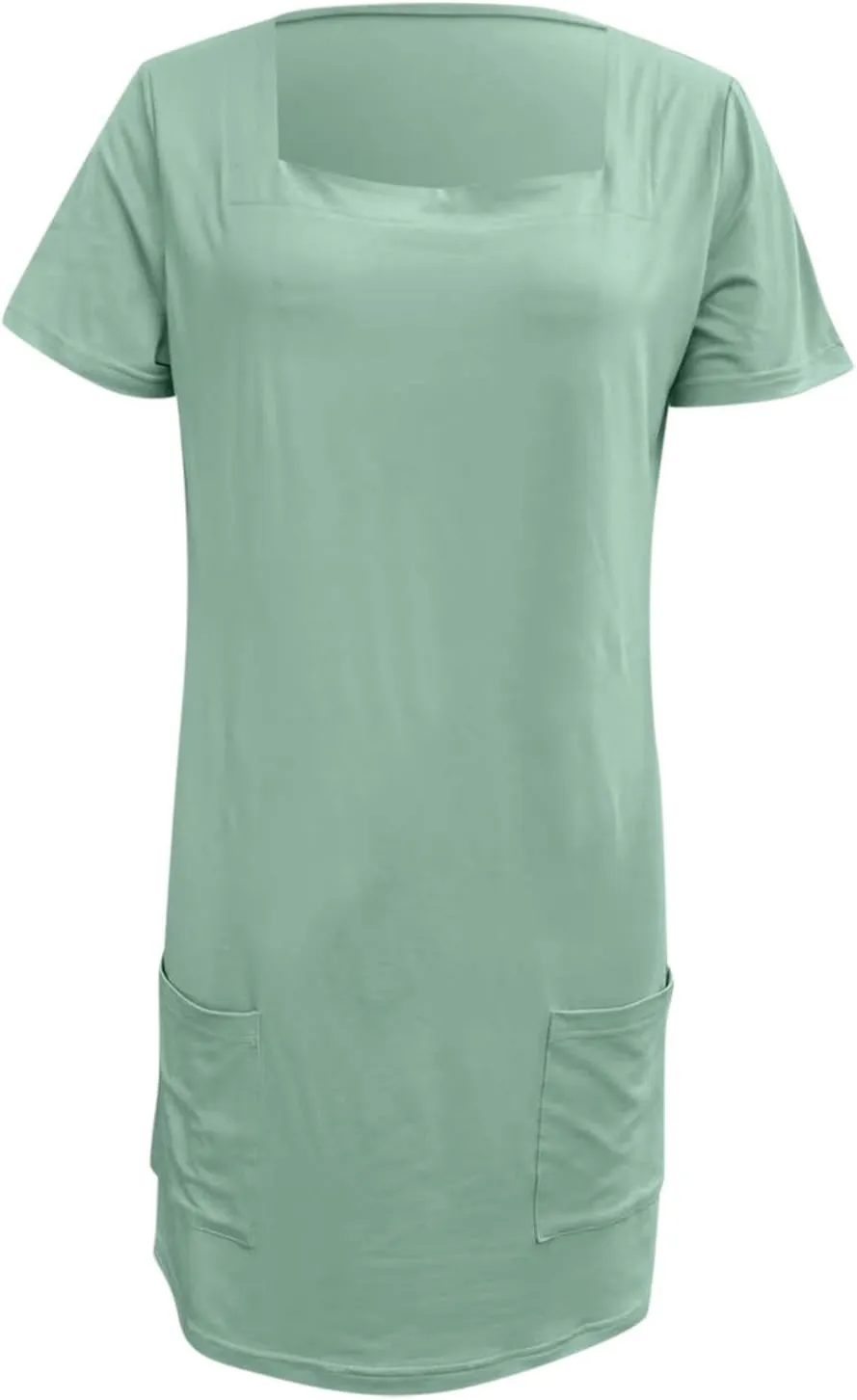 Short Lounge Dresses for Women Summer Solid Square Neck Short Sleeve Mini Beach Dress Plus Size Spring Break Clothes