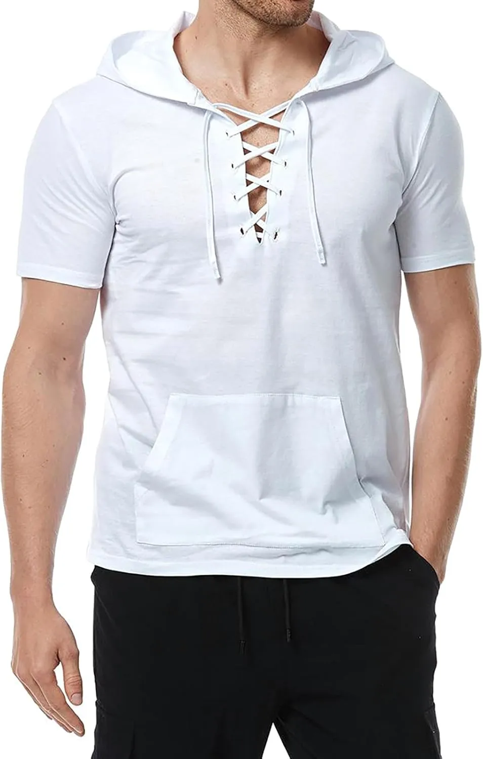 Short Sleeve Hoodies for Men Summer Cotton Linen Lace Up Shirts Hooded with Pocket Casual Slim Fit Pullover Tops Tees