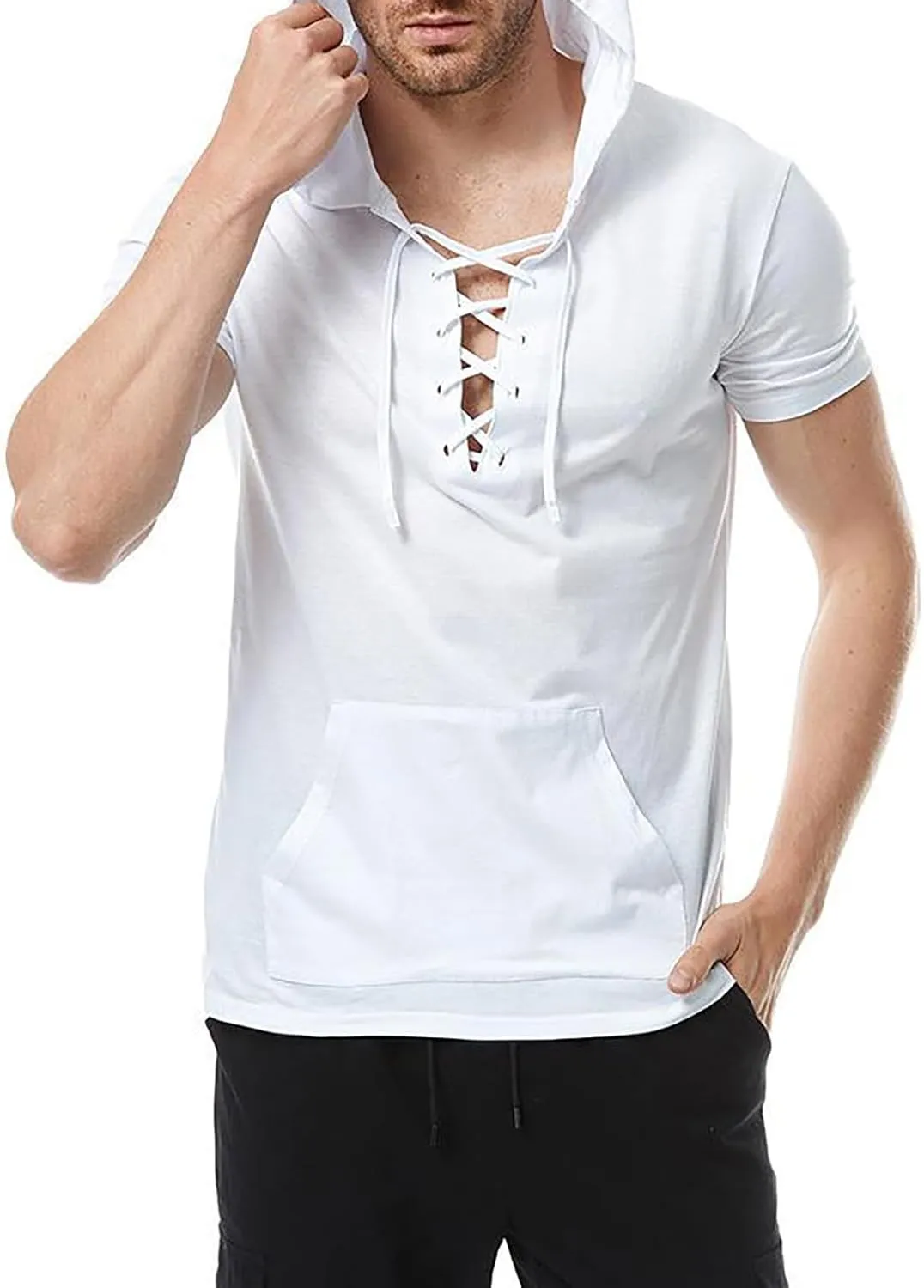 Short Sleeve Hoodies for Men Summer Cotton Linen Lace Up Shirts Hooded with Pocket Casual Slim Fit Pullover Tops Tees