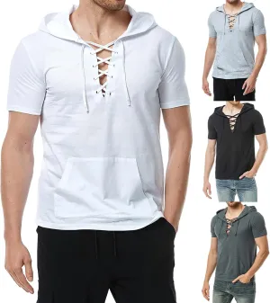 Short Sleeve Hoodies for Men Summer Cotton Linen Lace Up Shirts Hooded with Pocket Casual Slim Fit Pullover Tops Tees