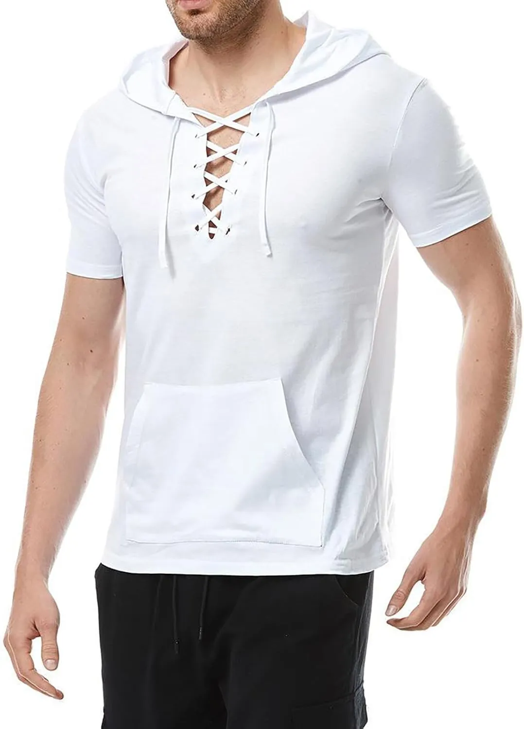 Short Sleeve Hoodies for Men Summer Cotton Linen Lace Up Shirts Hooded with Pocket Casual Slim Fit Pullover Tops Tees