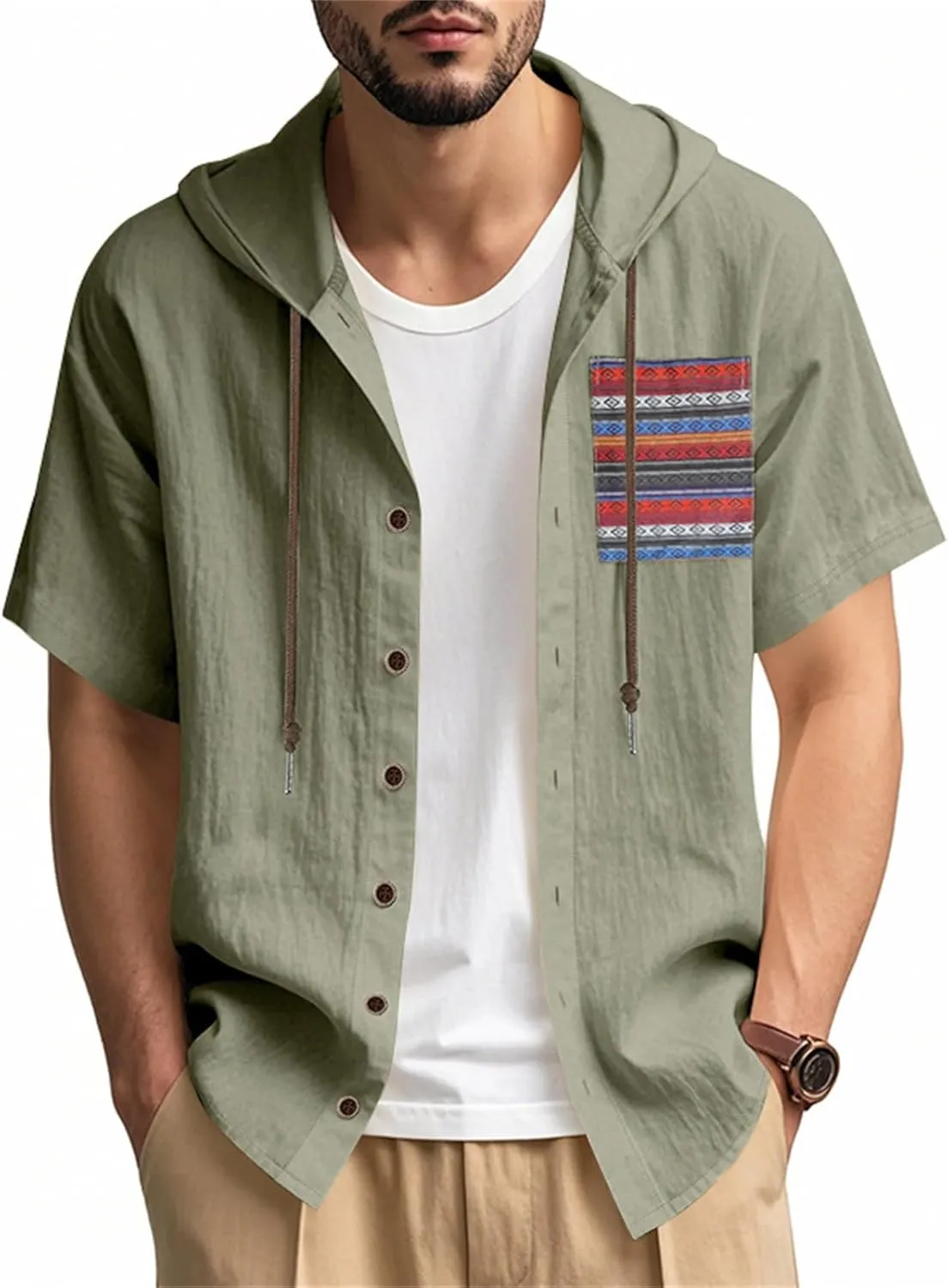 Short Sleeve Hoodies for Men Summer Linen Pattern T-Shirt with Pocket Lightweight Button Up Tops Casual Hawaiian Tees
