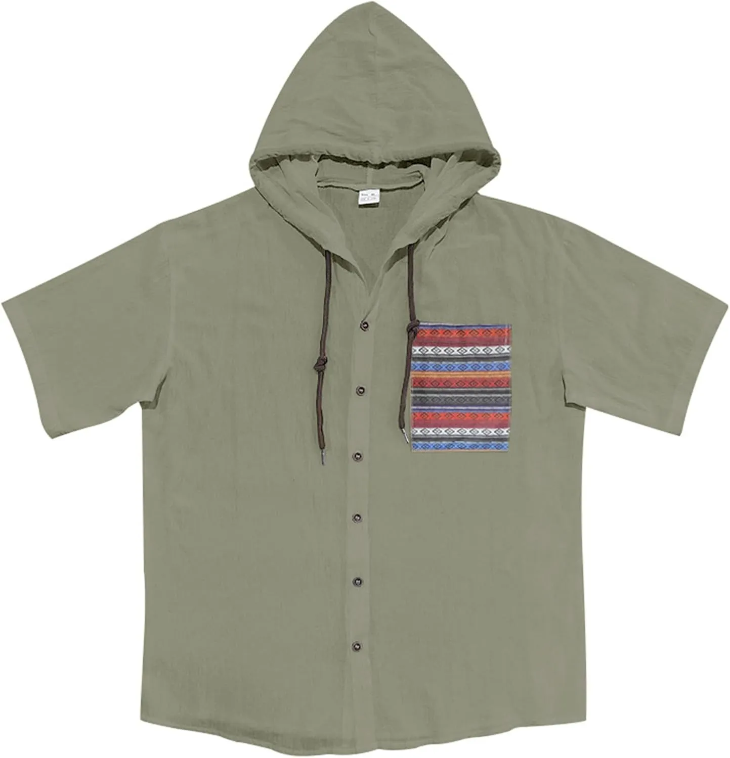 Short Sleeve Hoodies for Men Summer Linen Pattern T-Shirt with Pocket Lightweight Button Up Tops Casual Hawaiian Tees