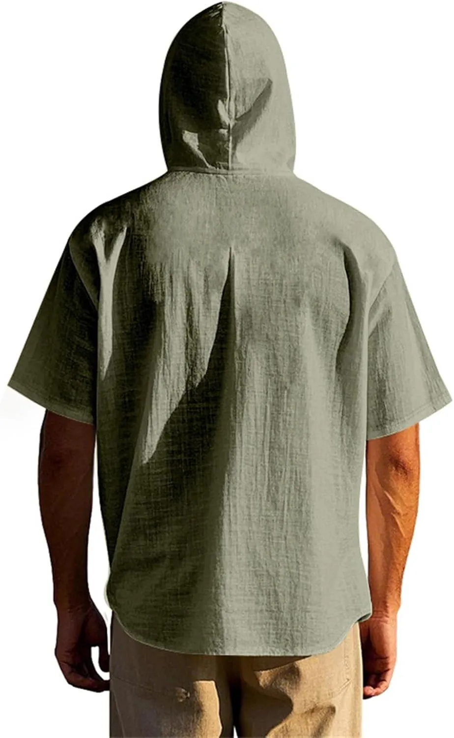 Short Sleeve Hoodies for Men Summer Linen Pattern T-Shirt with Pocket Lightweight Button Up Tops Casual Hawaiian Tees