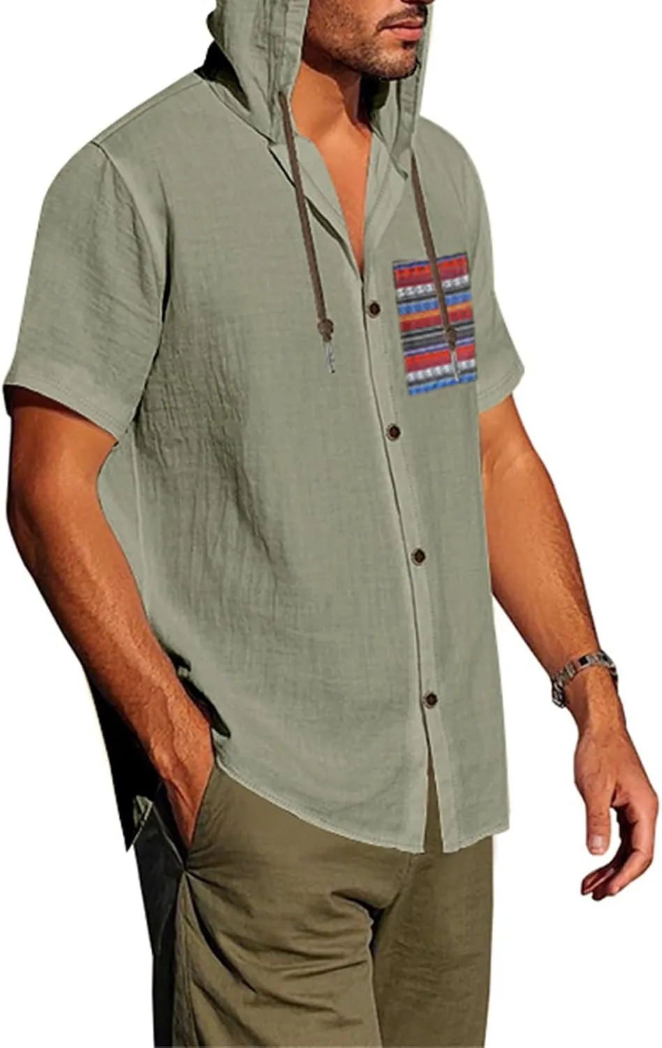 Short Sleeve Hoodies for Men Summer Linen Pattern T-Shirt with Pocket Lightweight Button Up Tops Casual Hawaiian Tees