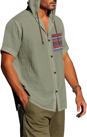 Short Sleeve Hoodies for Men Summer Linen Pattern T-Shirt with Pocket Lightweight Button Up Tops Casual Hawaiian Tees