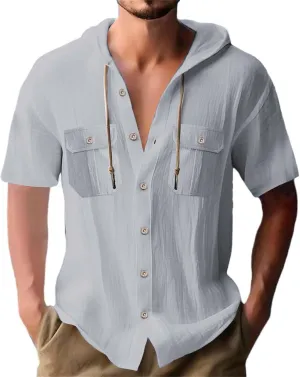 Short Sleeve Hoodies for Men Summer Linen Shirts Hooded with Double Pockets Button Hawaiian Beach Tshirt Fashion Tees