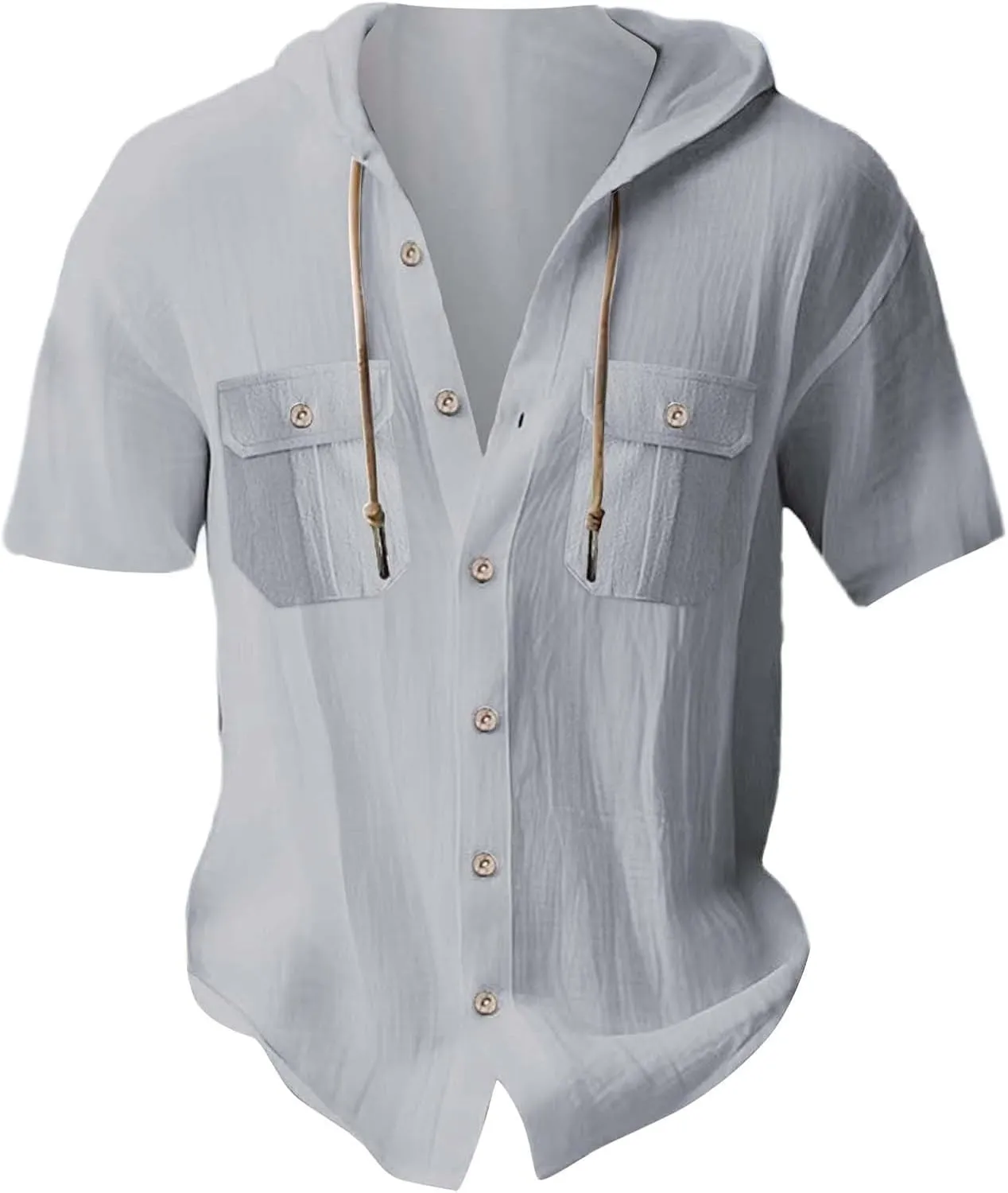 Short Sleeve Hoodies for Men Summer Linen Shirts Hooded with Double Pockets Button Hawaiian Beach Tshirt Fashion Tees