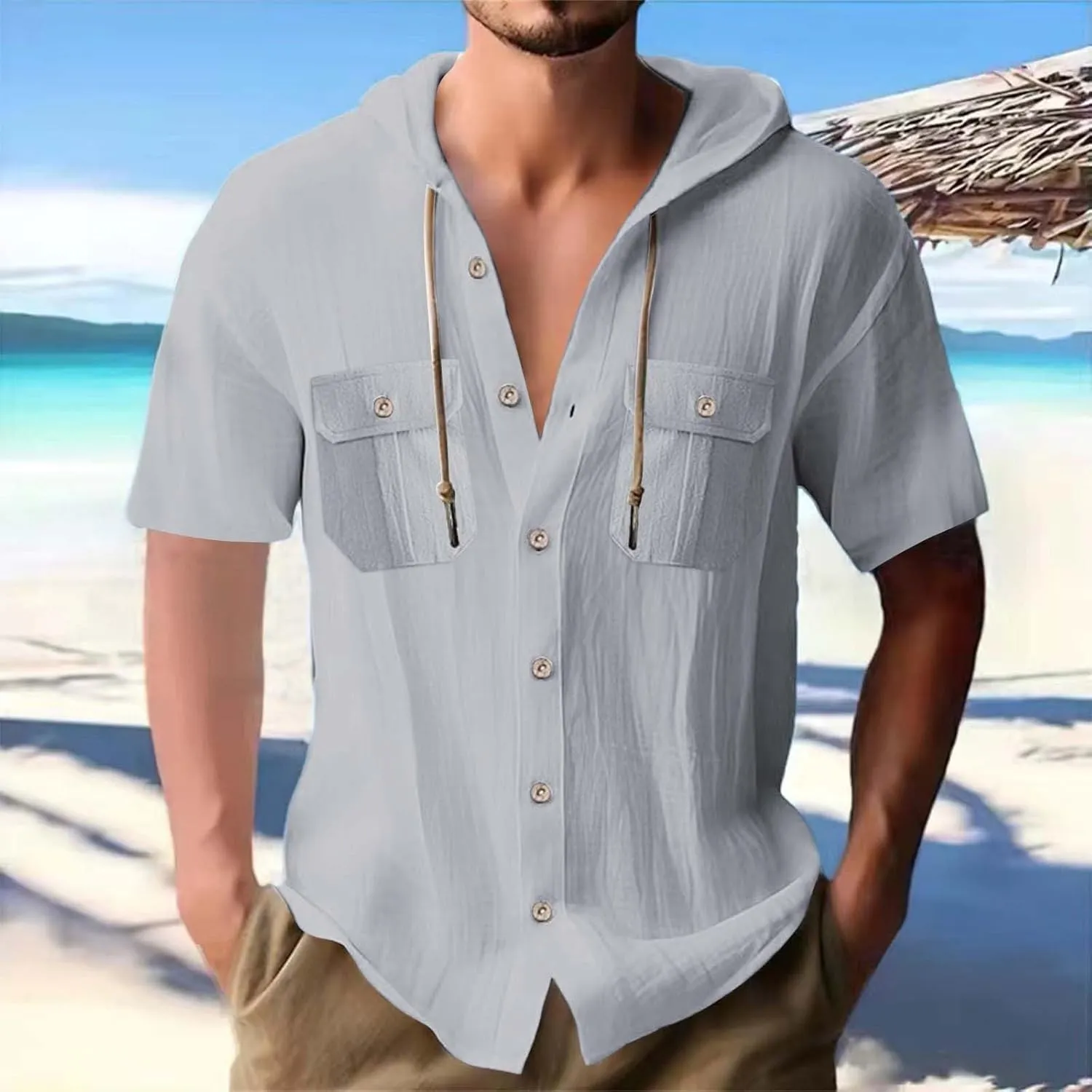 Short Sleeve Hoodies for Men Summer Linen Shirts Hooded with Double Pockets Button Hawaiian Beach Tshirt Fashion Tees