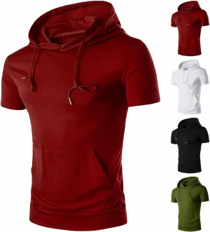 Short Sleeve Hoodies for Men Summer Shirts with Pocket Drawstring Solid Color Pullover Tops Workout T-Shirt Blouse