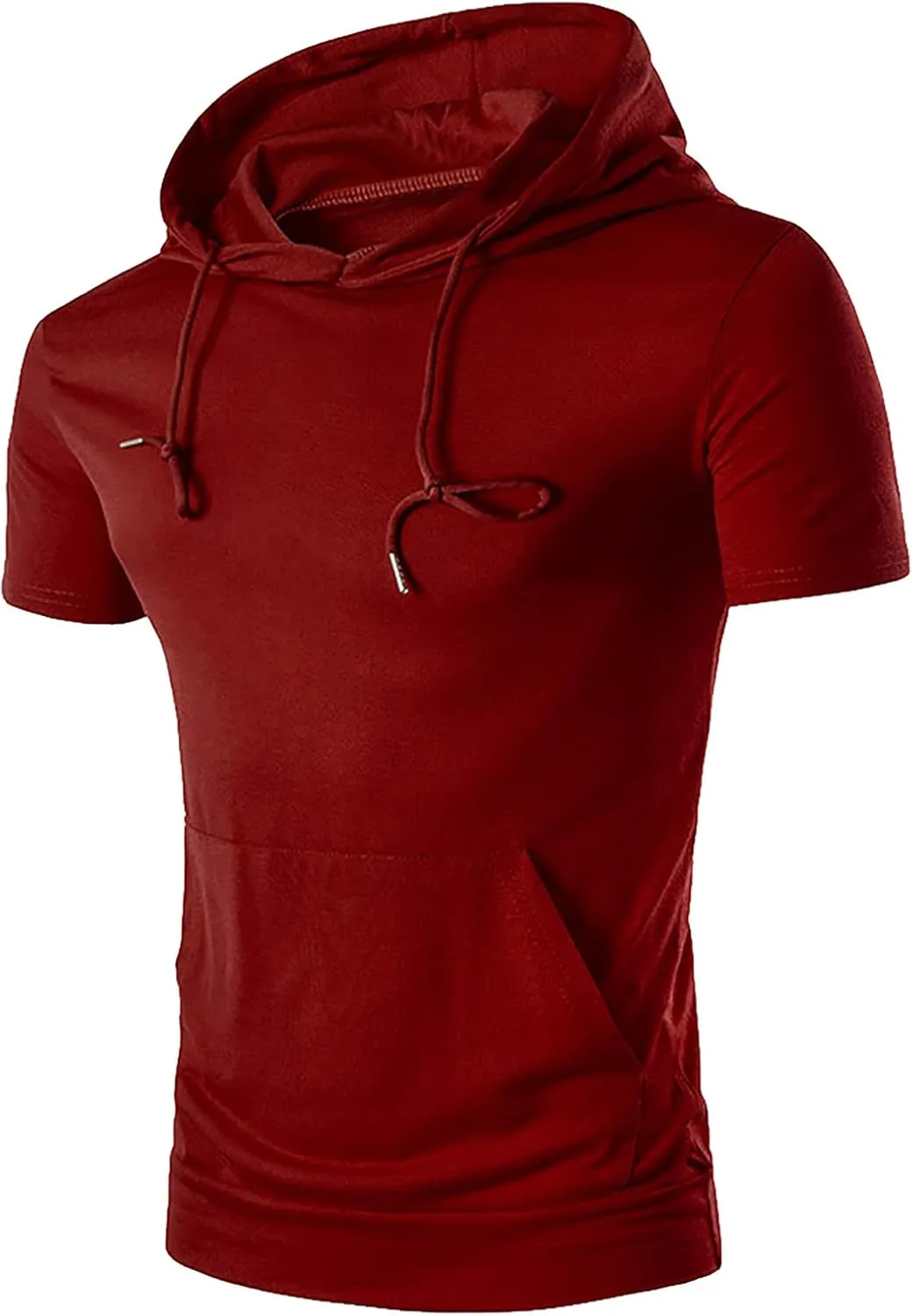Short Sleeve Hoodies for Men Summer Shirts with Pocket Drawstring Solid Color Pullover Tops Workout T-Shirt Blouse
