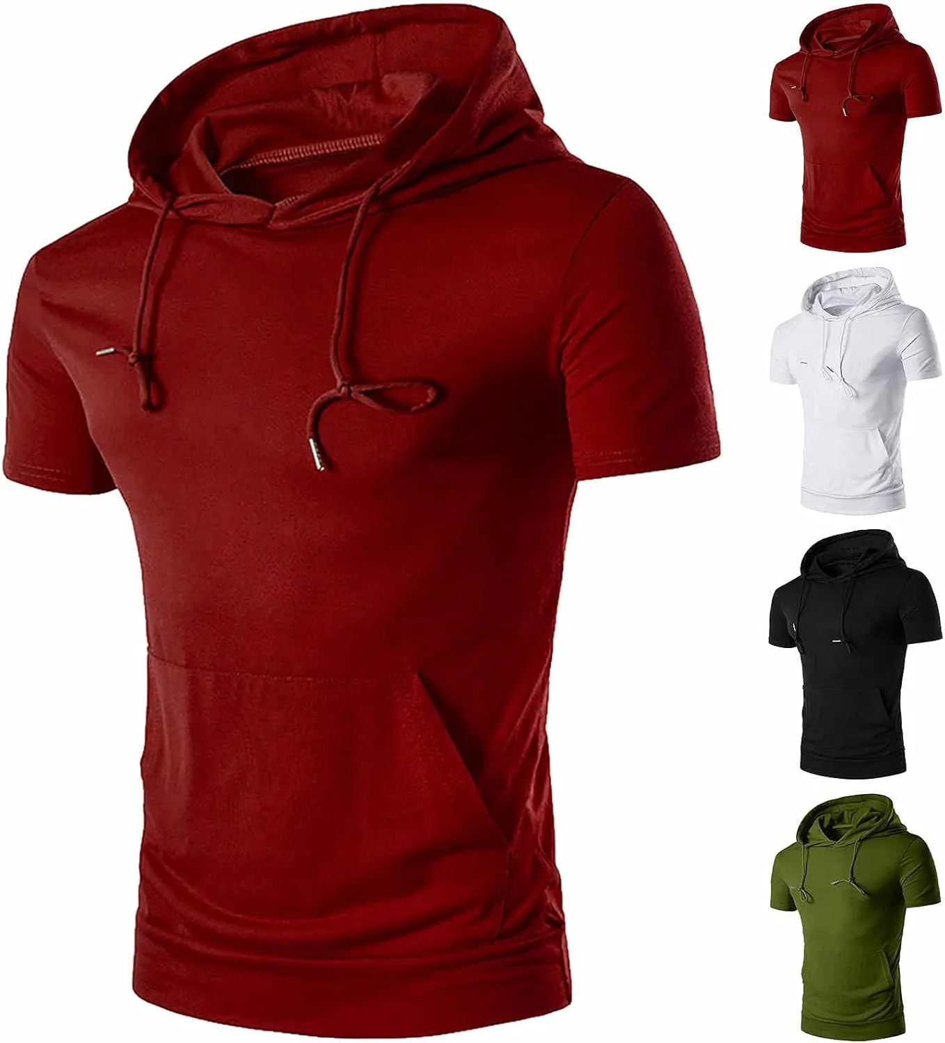 Short Sleeve Hoodies for Men Summer Shirts with Pocket Drawstring Solid Color Pullover Tops Workout T-Shirt Blouse