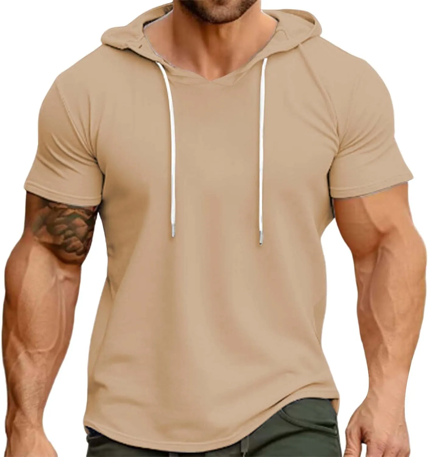 Short Sleeve Hoodies for Men Summer Slim Fit V Neck Pullover Tops with Drawstring Shirts Casual Solid Hooded T-Shirt
