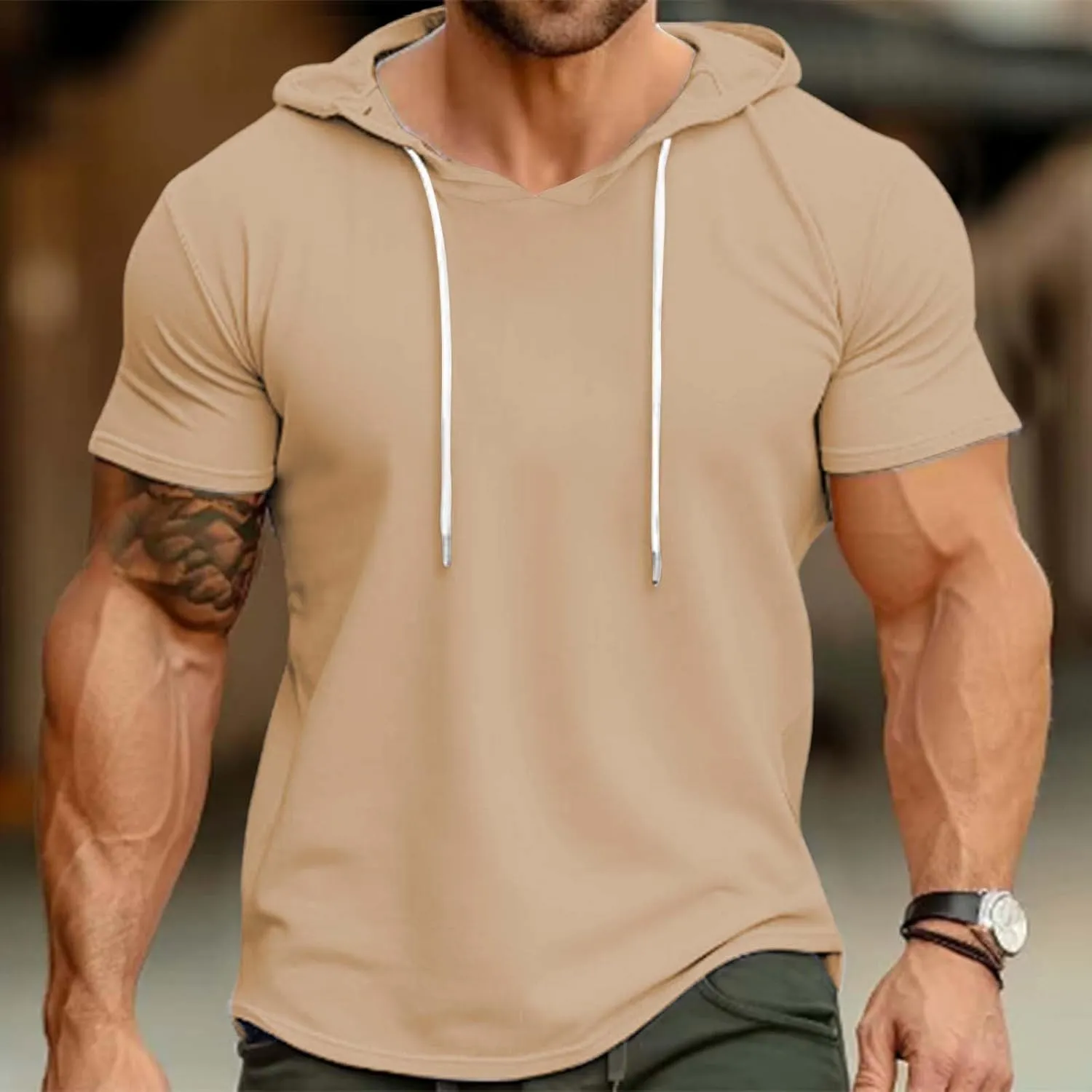 Short Sleeve Hoodies for Men Summer Slim Fit V Neck Pullover Tops with Drawstring Shirts Casual Solid Hooded T-Shirt