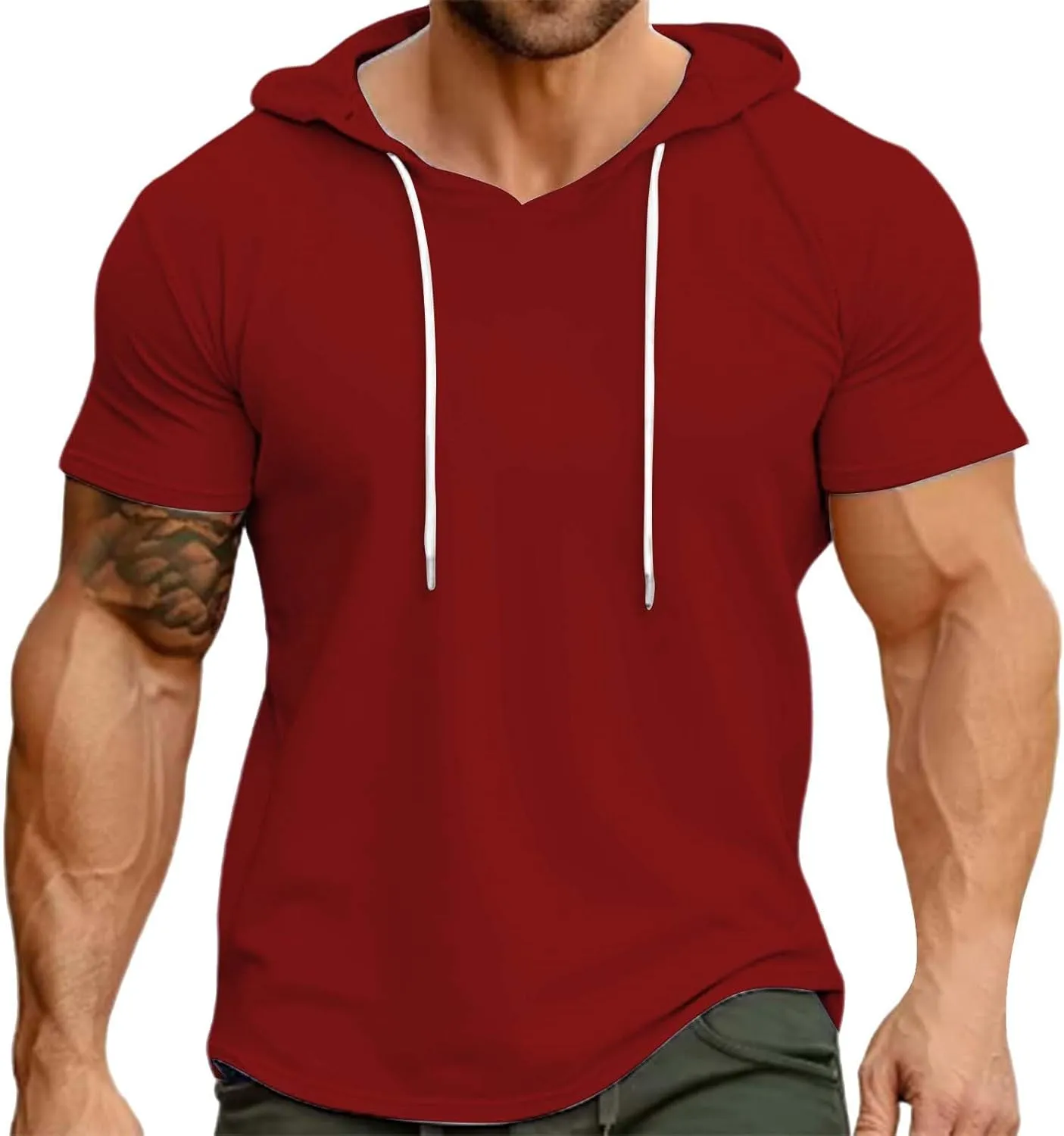 Short Sleeve Hoodies for Men Summer Slim Fit V Neck Pullover Tops with Drawstring Shirts Casual Solid Hooded T-Shirt