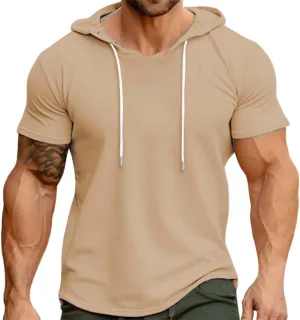 Short Sleeve Hoodies for Men Summer Slim Fit V Neck Pullover Tops with Drawstring Shirts Casual Solid Hooded T-Shirt