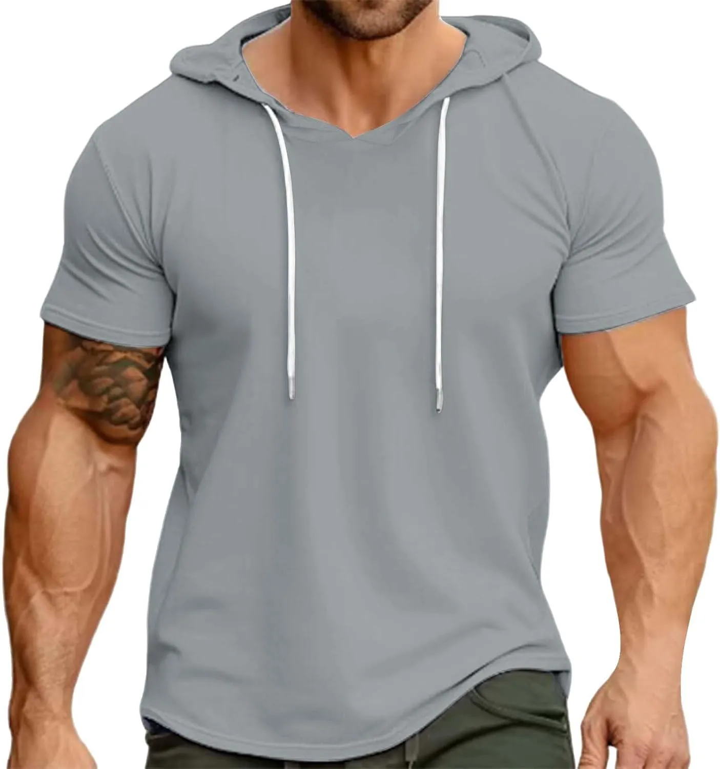 Short Sleeve Hoodies for Men Summer Slim Fit V Neck Pullover Tops with Drawstring Shirts Casual Solid Hooded T-Shirt