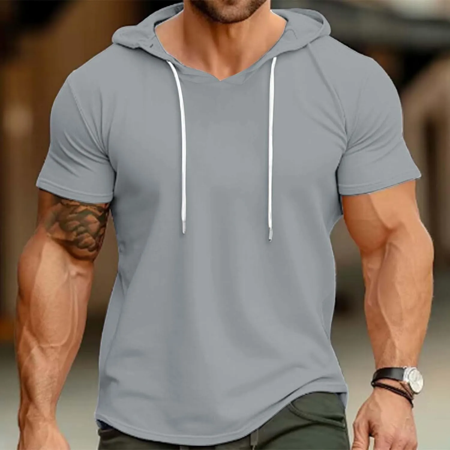 Short Sleeve Hoodies for Men Summer Slim Fit V Neck Pullover Tops with Drawstring Shirts Casual Solid Hooded T-Shirt