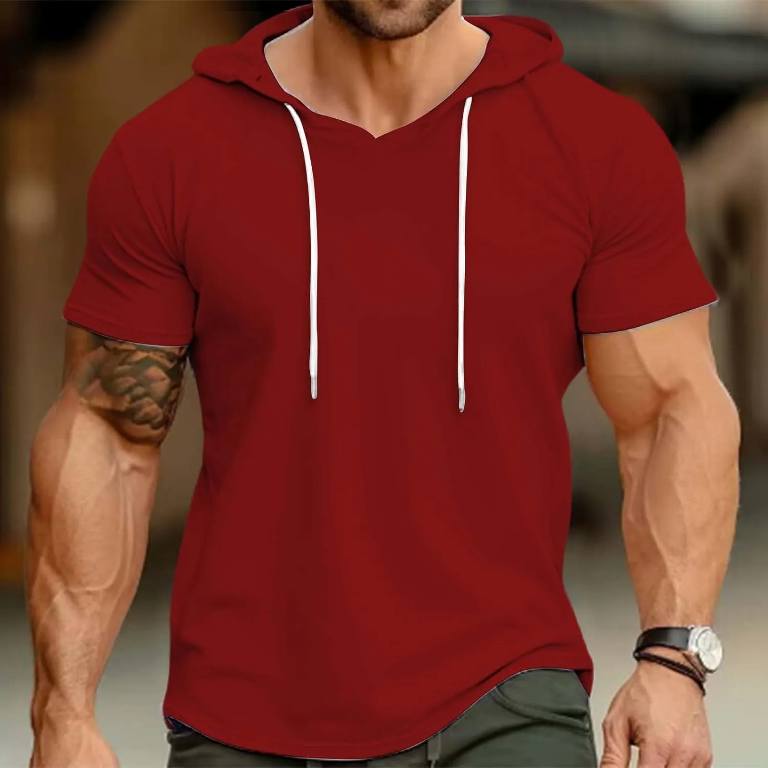 Short Sleeve Hoodies for Men Summer Slim Fit V Neck Pullover Tops with Drawstring Shirts Casual Solid Hooded T-Shirt