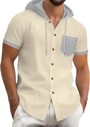 Short Sleeve Hoodies for Men Summer Waffle Colorblock Shirts Hooded with Pockets Button Up Shirt Casual Cardigan Tees