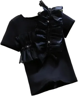Short Sleeve T-Shirt Women Basic Tee Shirt O-Neck Patchwork Ruffled Stitching Beading Tops