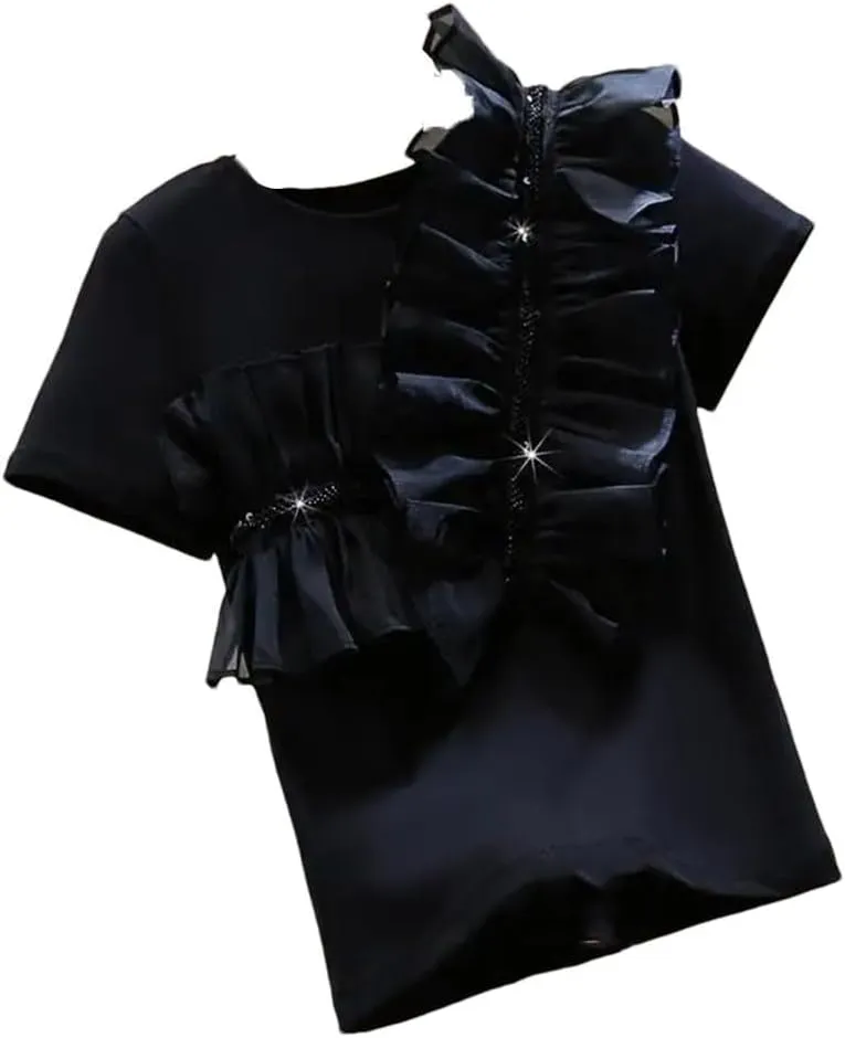 Short Sleeve T-Shirt Women Basic Tee Shirt O-Neck Patchwork Ruffled Stitching Beading Tops