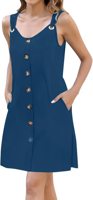 Short Summer Dresses for Women Boho Classy Button Down Sleeveless Sexy Dress with Pockets 1950S Evening Party Beachy Outfits
