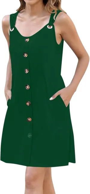Short Summer Dresses for Women Boho Classy Button Down Sleeveless Sexy Dress with Pockets 1950S Evening Party Beachy Outfits