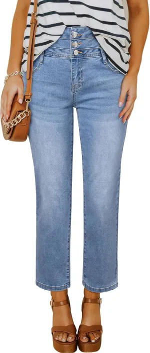 Sidefeel Women's High Waisted Tummy Control Jeans Strechy Trendy Button Up Ankle Zimbaplatinum Denim Pants