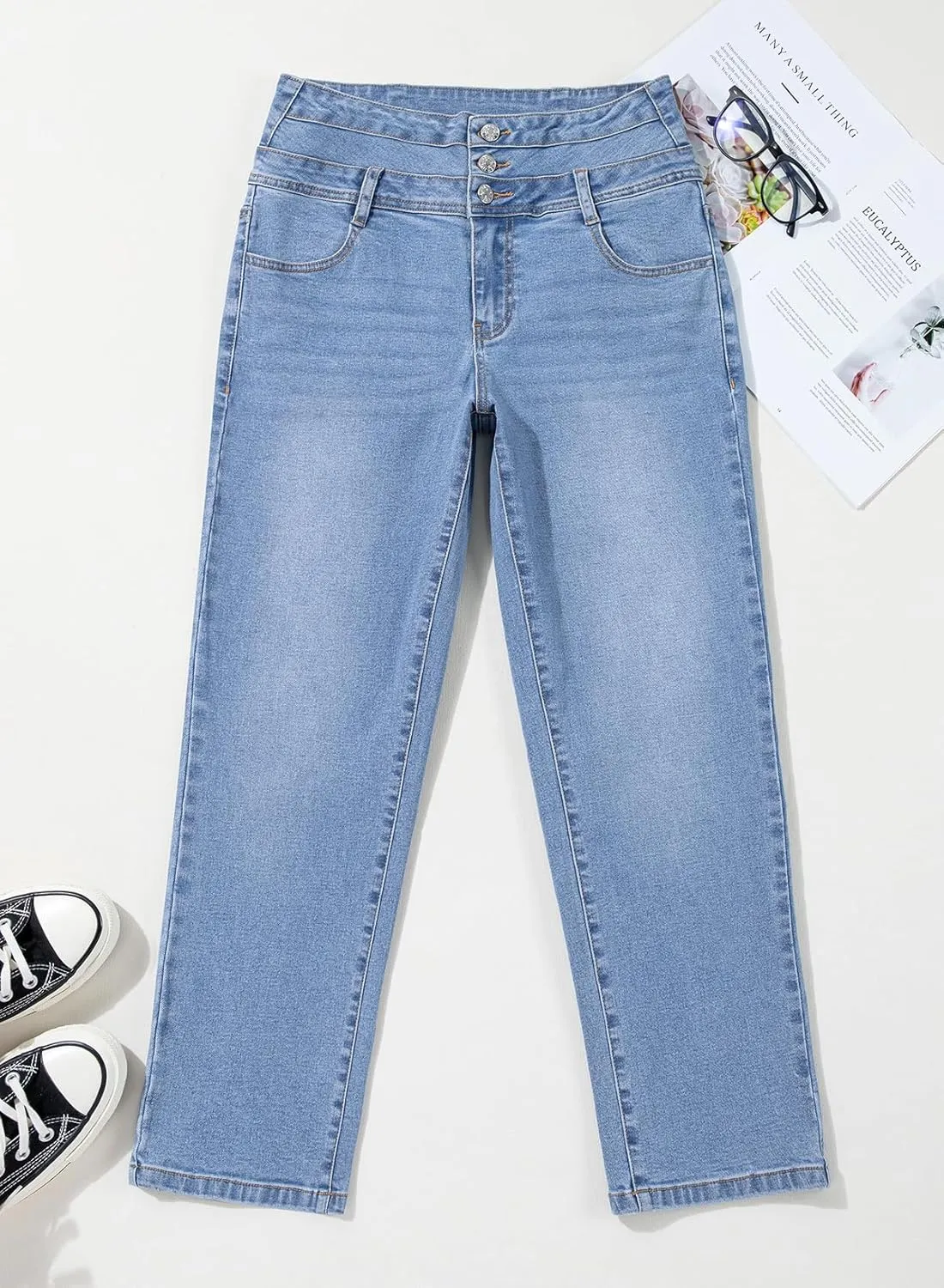 Sidefeel Women's High Waisted Tummy Control Jeans Strechy Trendy Button Up Ankle Zimbaplatinum Denim Pants