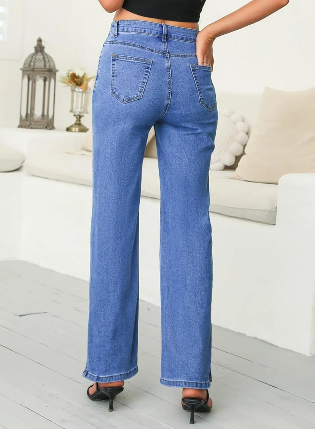 Sidefeel Women's Jeans Wide Leg High Waisted Jeans Stretchy Straight Leg Denim Pants