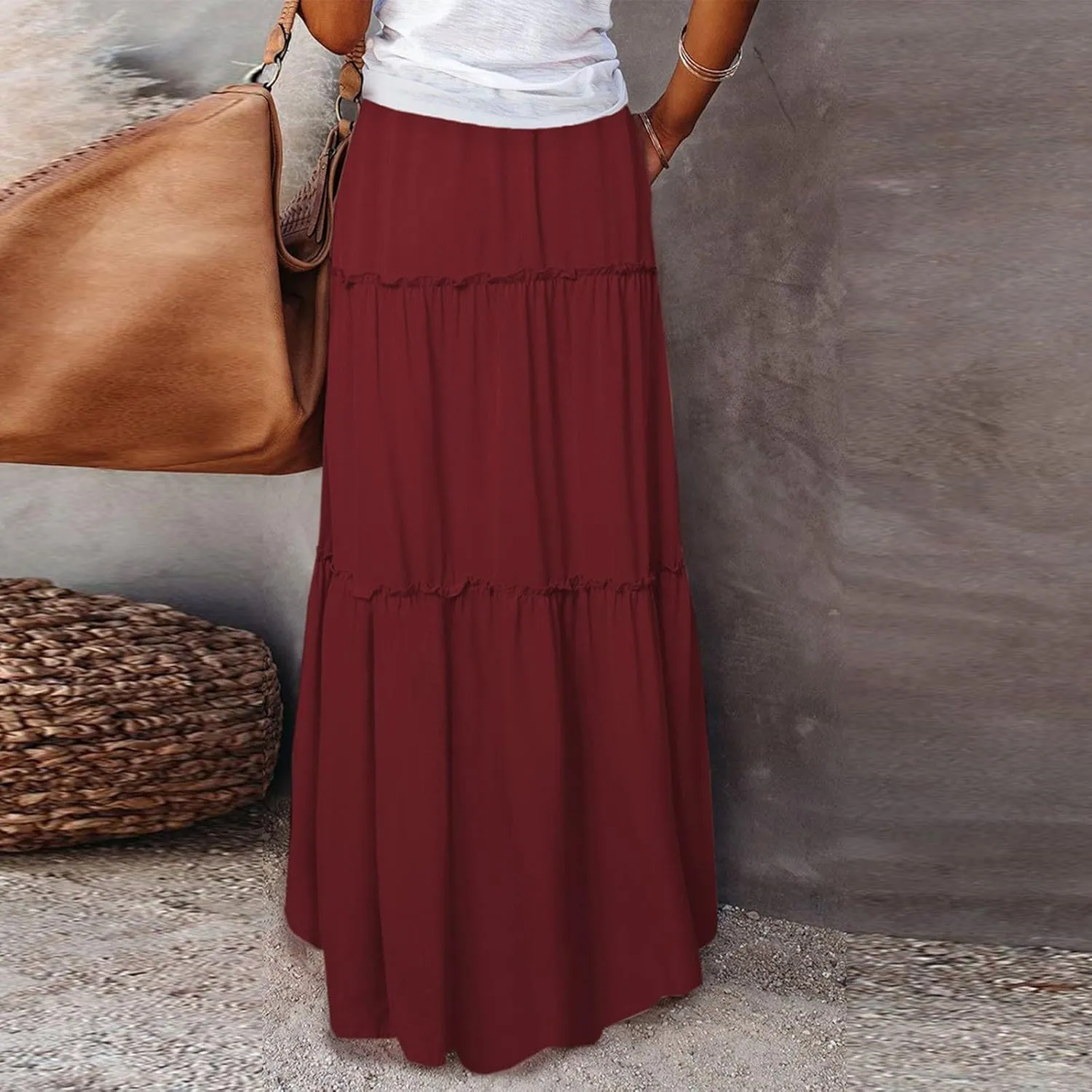 Silk Long Skirts for Women Maxi Tiered Elastic High Waisted Drawstring Pleated Dance Flowy A Line Skirt with Pockets