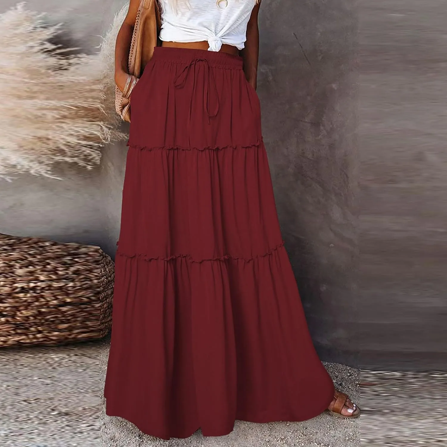 Silk Long Skirts for Women Maxi Tiered Elastic High Waisted Drawstring Pleated Dance Flowy A Line Skirt with Pockets