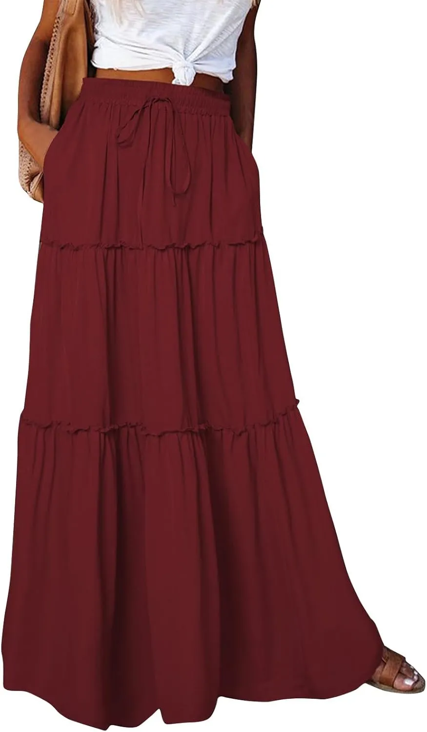 Silk Long Skirts for Women Maxi Tiered Elastic High Waisted Drawstring Pleated Dance Flowy A Line Skirt with Pockets