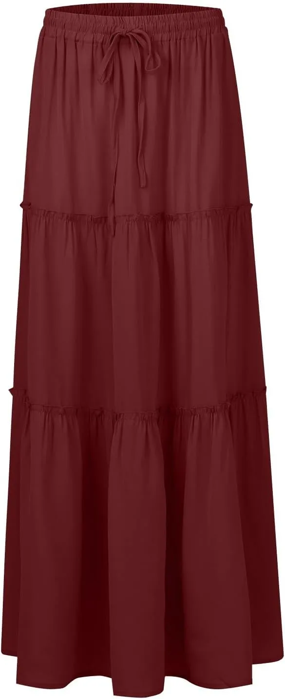 Silk Long Skirts for Women Maxi Tiered Elastic High Waisted Drawstring Pleated Dance Flowy A Line Skirt with Pockets