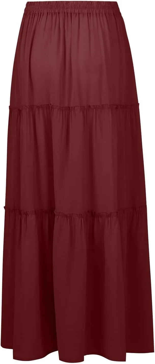 Silk Long Skirts for Women Maxi Tiered Elastic High Waisted Drawstring Pleated Dance Flowy A Line Skirt with Pockets