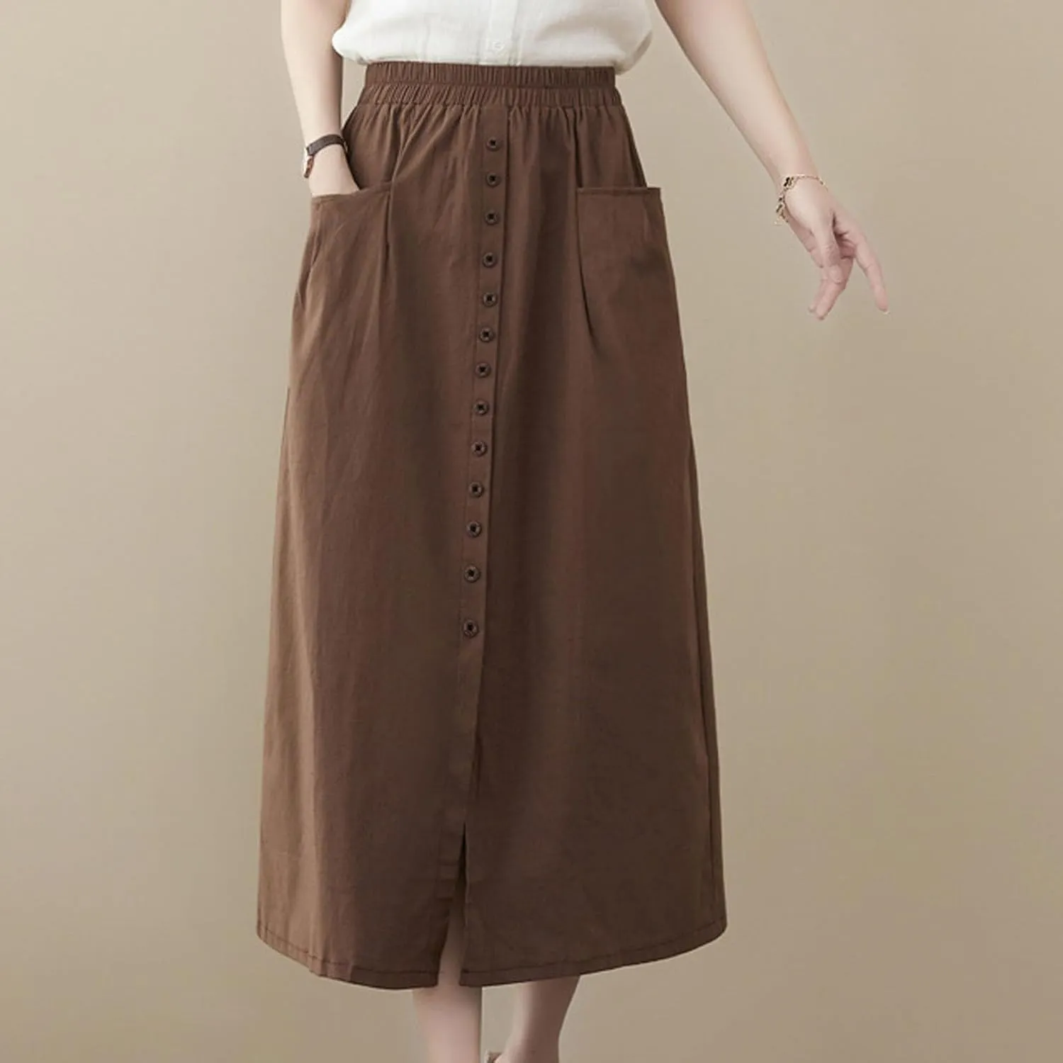 Skirts for Women Trendy Summer 2025 Elastic High Waisted Button Front Split Retro Cute Casual Long Skirt with Pockets