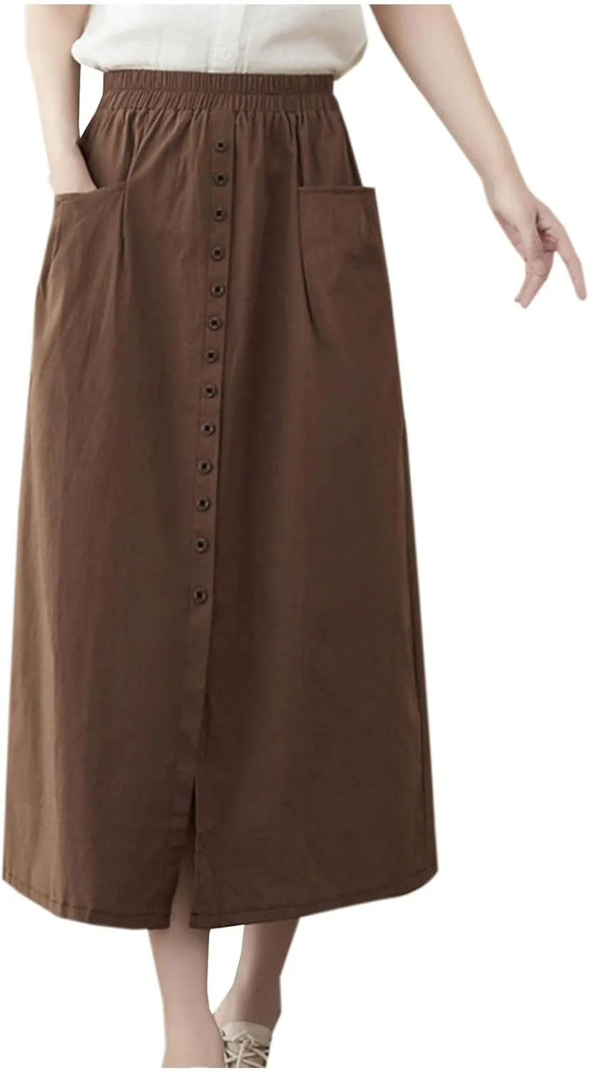 Skirts for Women Trendy Summer 2025 Elastic High Waisted Button Front Split Retro Cute Casual Long Skirt with Pockets