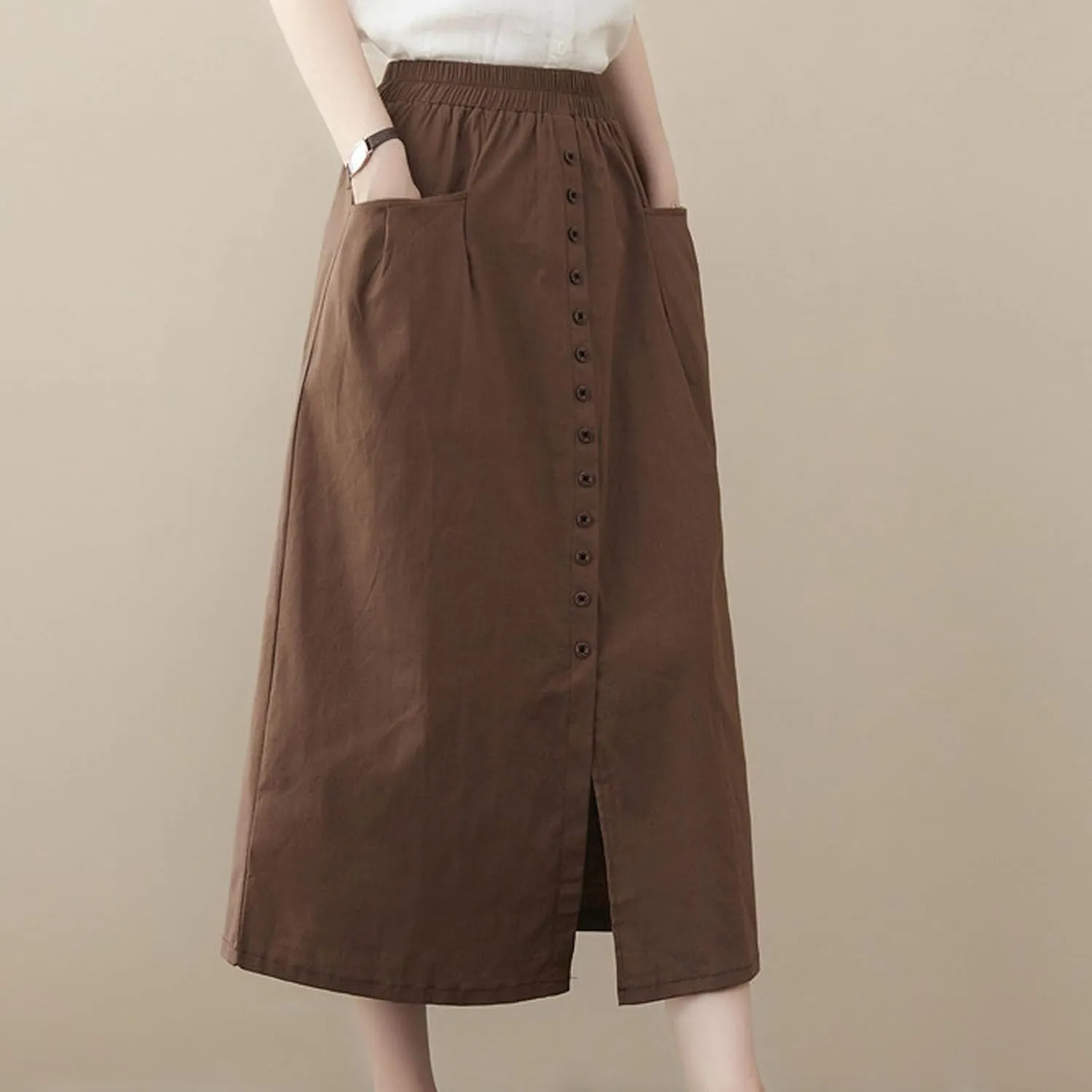 Skirts for Women Trendy Summer 2025 Elastic High Waisted Button Front Split Retro Cute Casual Long Skirt with Pockets