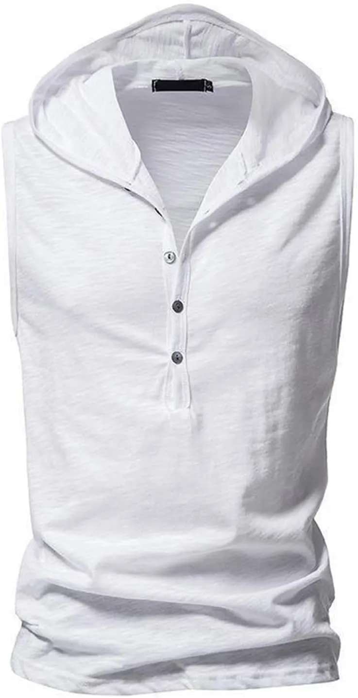 Sleeveless Hoodies for Men Cotton Linen Button Down Tank Tops Hooded Bodybuilding Muscle Gym Fitness Cut Off T Shirts