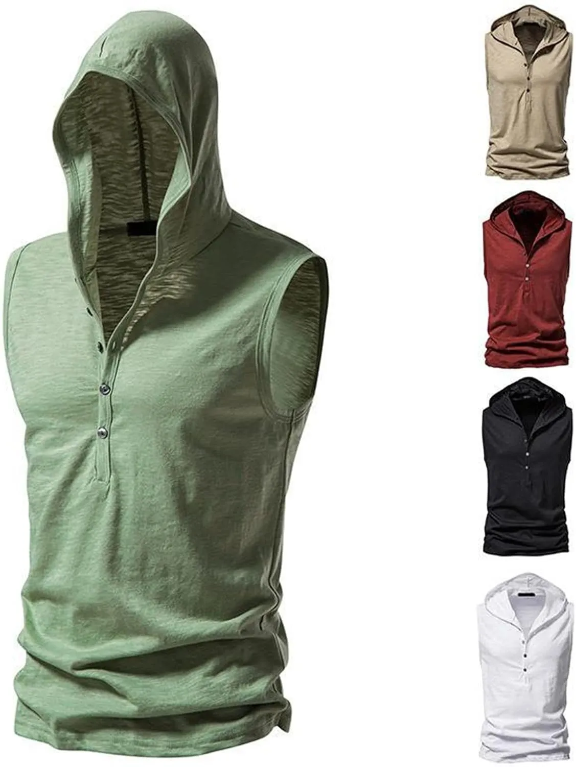 Sleeveless Hoodies for Men Cotton Linen Button Down Tank Tops Hooded Bodybuilding Muscle Gym Fitness Cut Off T Shirts