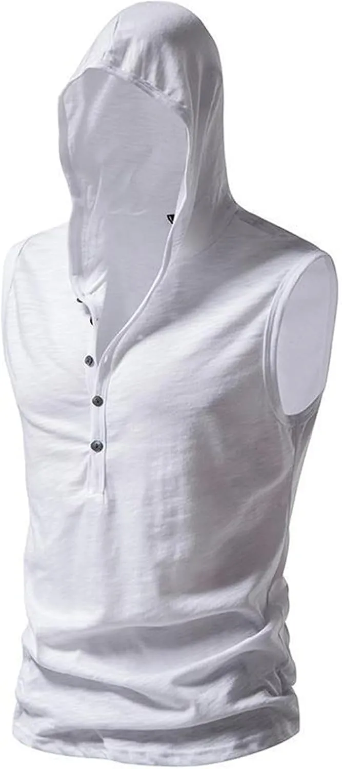 Sleeveless Hoodies for Men Cotton Linen Button Down Tank Tops Hooded Bodybuilding Muscle Gym Fitness Cut Off T Shirts