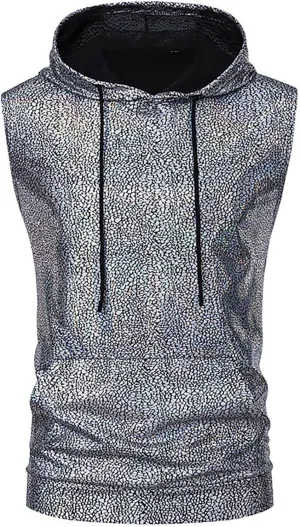 Sleeveless Hoodies for Men Sequins Tank Tops Summer Disco Hipster Metallic Hooded with Kanga Pocket Lightweight Shirt